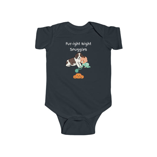 Fur-ight Halloween Onesie Baby is Cuddling Springer Spaniel Puppy