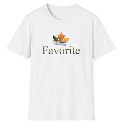 White t-shirt with autumn leaf design and 'Favorite' text on a white background