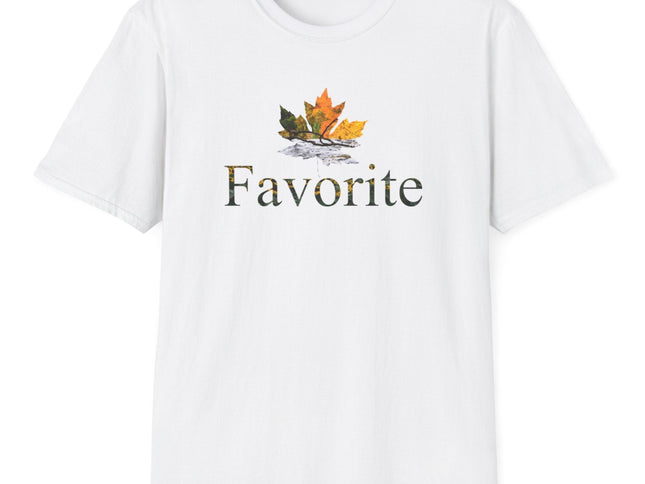White t-shirt with autumn leaf design and 'Favorite' text on a white background