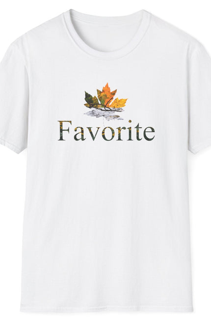 White t-shirt with autumn leaf design and 'Favorite' text on a white background