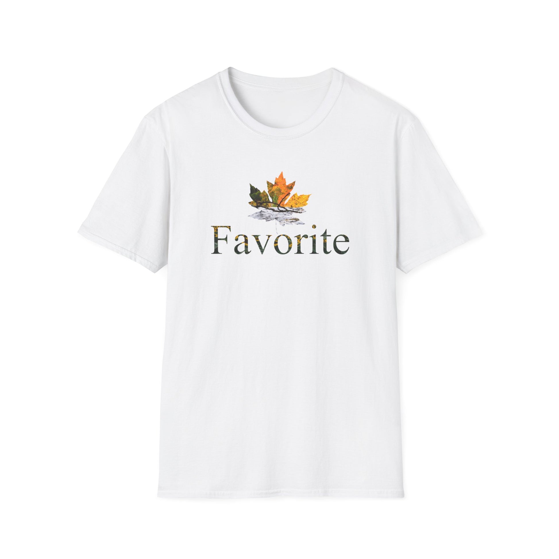 White t-shirt with autumn leaf design and 'Favorite' text on a white background