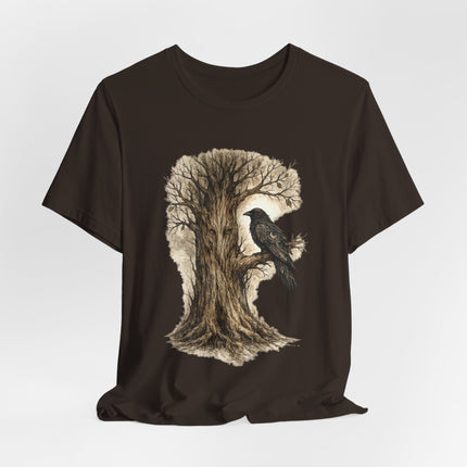 Black t-shirt with a tree and bird design on a white background