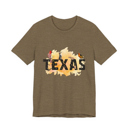 Green t-shirt with 'TEXAS' graphic design with birds on a white background