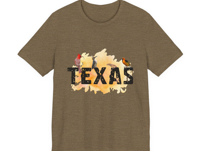 Green t-shirt with 'TEXAS' graphic design with birds on a white background