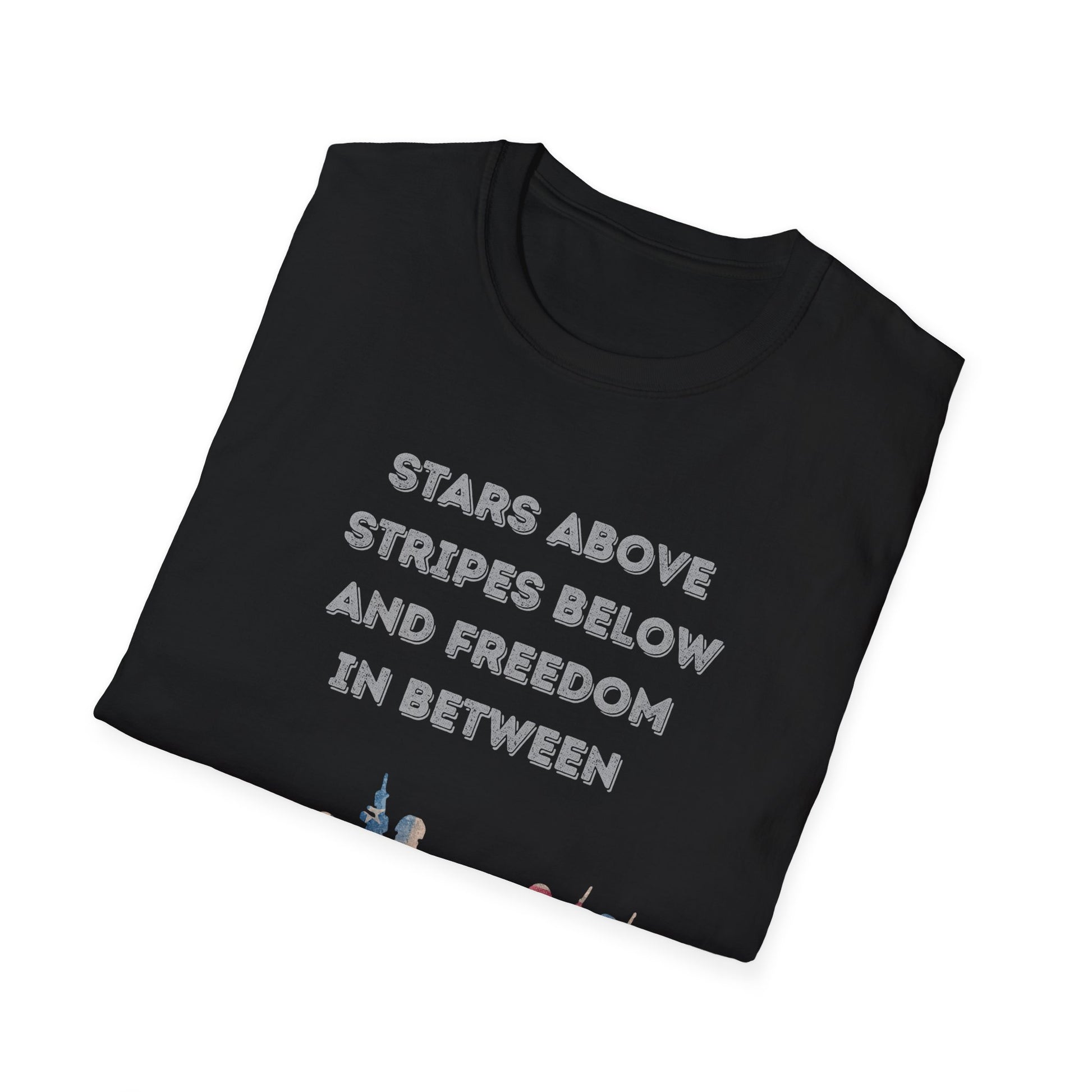 Folded black t-shirt with white text on a white background