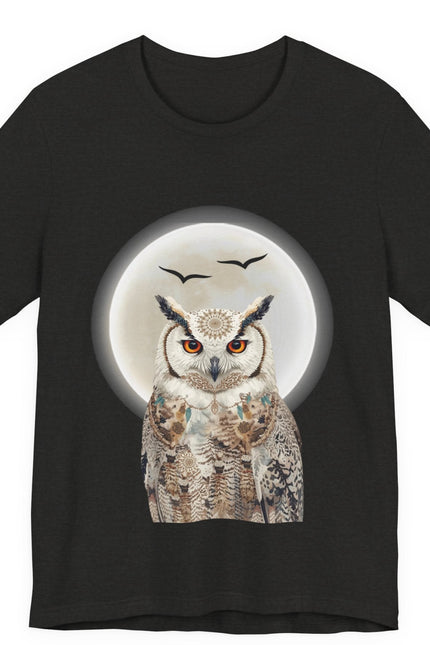 Black t-shirt with an owl design on a white background