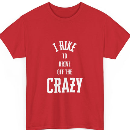 Red t-shirt with white text on a white background