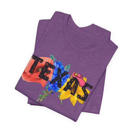 Purple t-shirt with 'Texas' design featuring flowers on a white background