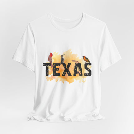 White t-shirt with 'Texas' graphic design on a white background