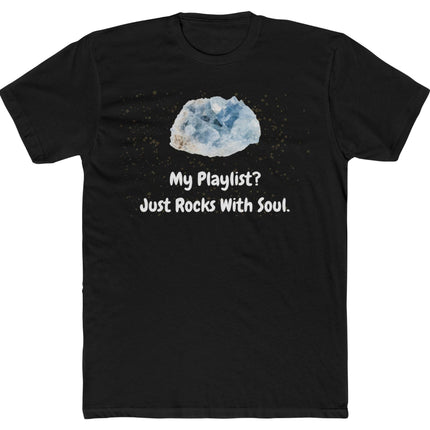 Black t-shirt with a graphic of a large gemstone and text on a white background