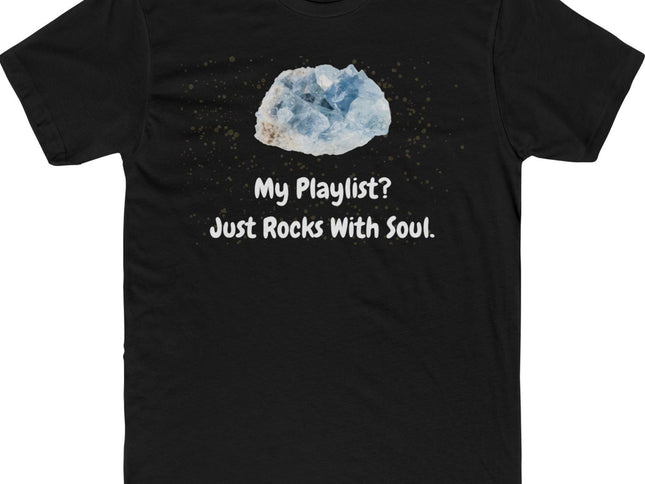 Black t-shirt with a graphic of a large gemstone and text on a white background