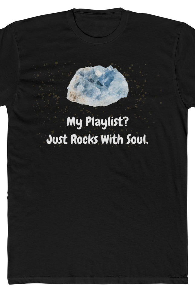 Black t-shirt with a graphic of a large gemstone and text on a white background