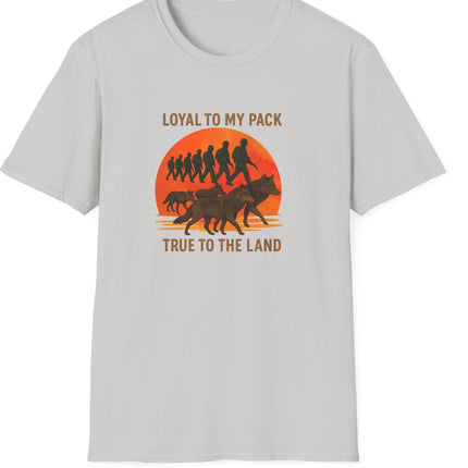 Ice Gray t-shirt with graphic design of soldiers and wolves. Text states Loyal to my Pack, True to the Land. 