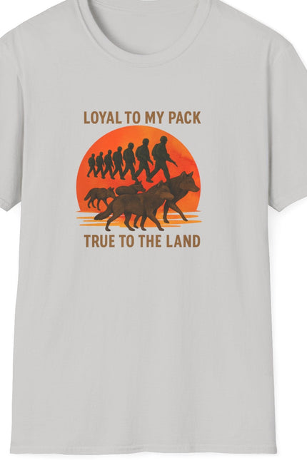Ice Gray t-shirt with graphic design of soldiers and wolves. Text states Loyal to my Pack, True to the Land. 