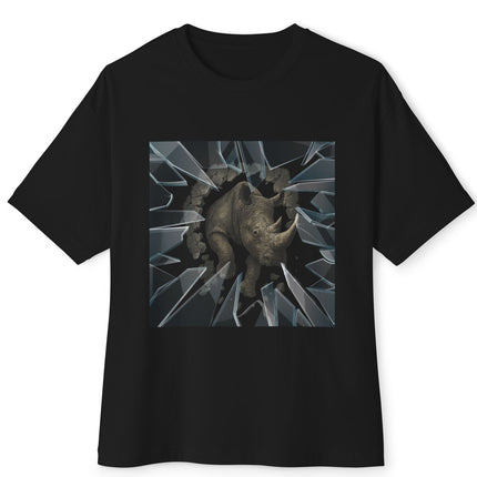 Black t-shirt with a graphic design of a rhino breaking through glass on a white background