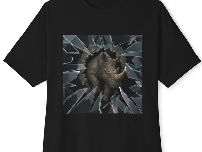Black t-shirt with a graphic design of a rhino breaking through glass on a white background