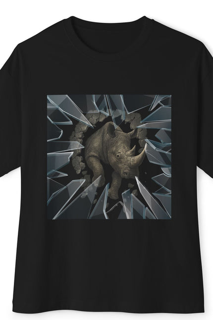 Black t-shirt with a graphic design of a rhino breaking through glass on a white background
