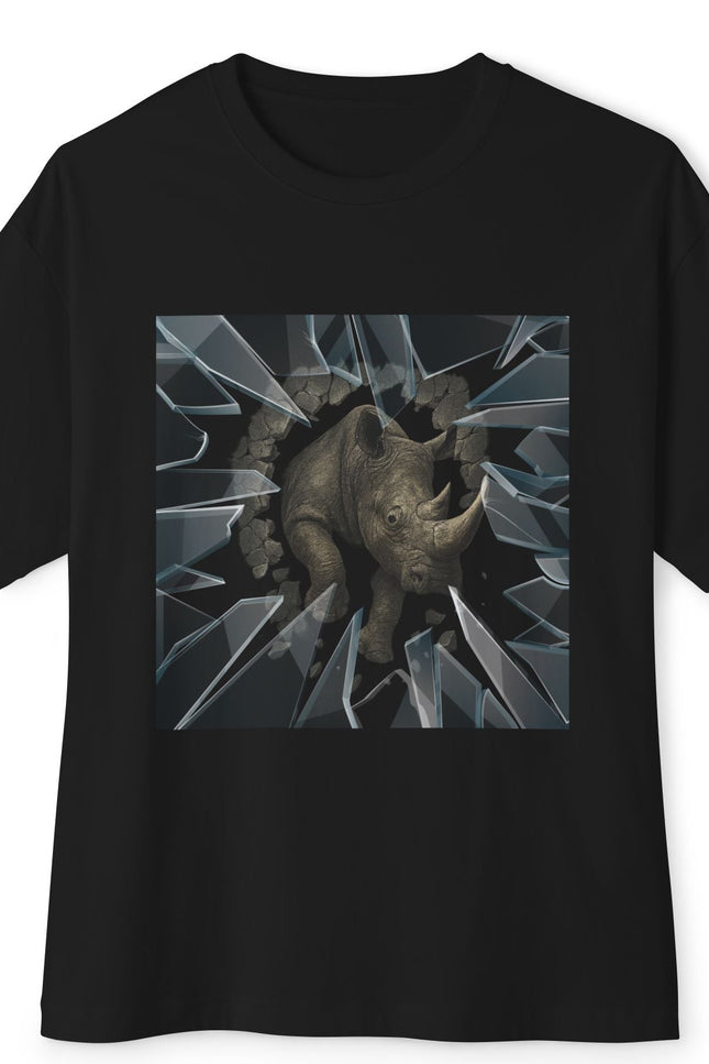 Black t-shirt with a graphic design of a rhino breaking through glass on a white background