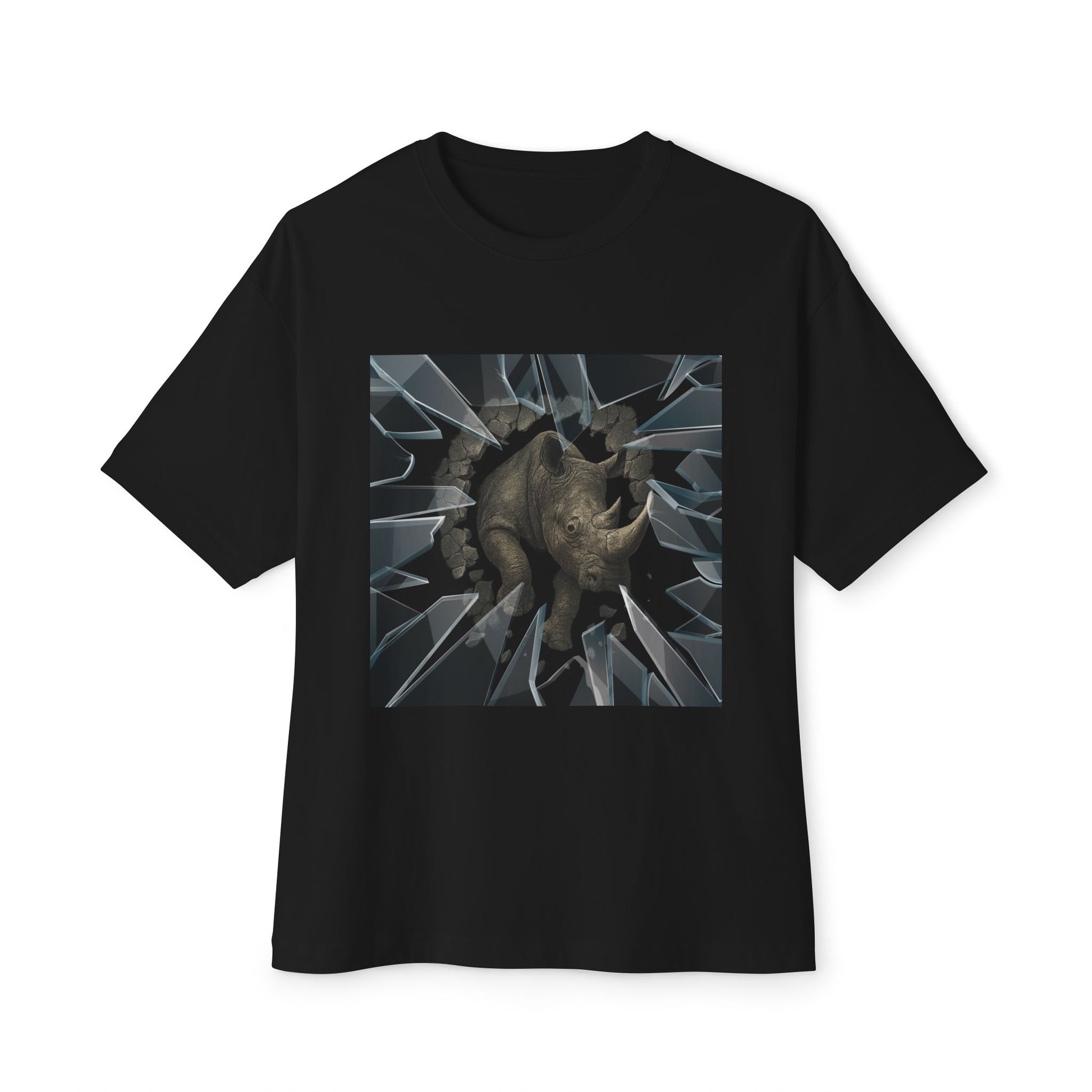 Black t-shirt with a graphic design of a rhino breaking through glass on a white background