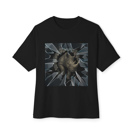 Black t-shirt with a graphic design of a rhino breaking through glass on a white background