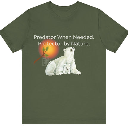 Green t-shirt with polar bear graphic and text on a white background