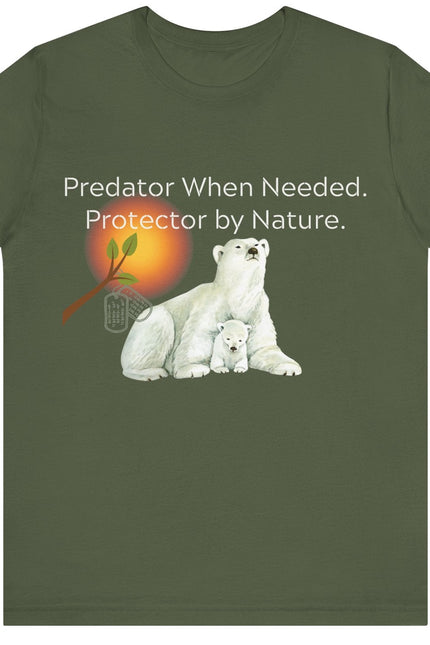 Green t-shirt with polar bear graphic and text on a white background