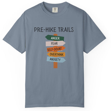Blue t-shirt with 'Pre-Hike Trails' graphic and text on a white background