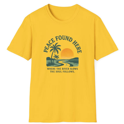 Yellow t-shirt with a tropical graphic and text on a white background