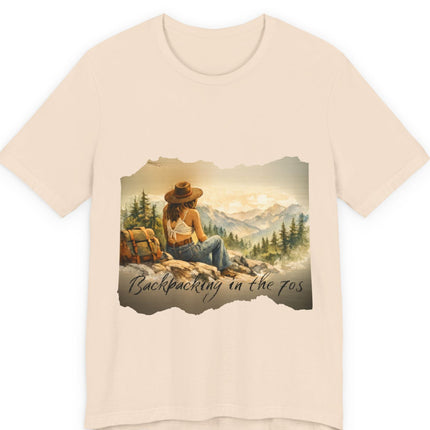 Slow, Free Peace Sign Tee 1970s Female Backpacker Retro Travel Unisex T-Shirt