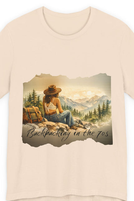 Slow, Free Peace Sign Tee 1970s Female Backpacker Retro Travel Unisex T-Shirt