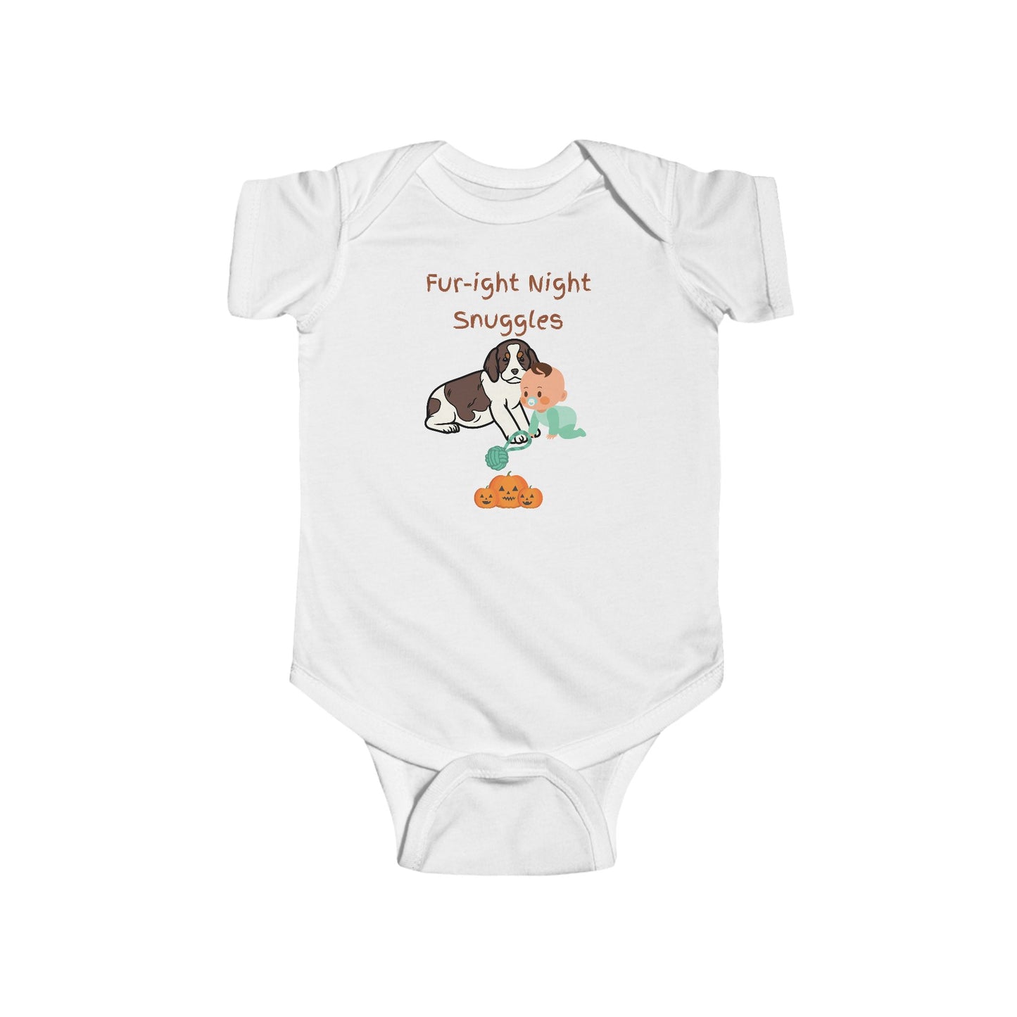 Fur-ight Halloween Onesie Baby is Cuddling Springer Spaniel Puppy