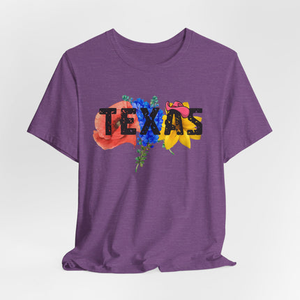 Purple t-shirt with 'TEXAS' and floral graphics on a white background