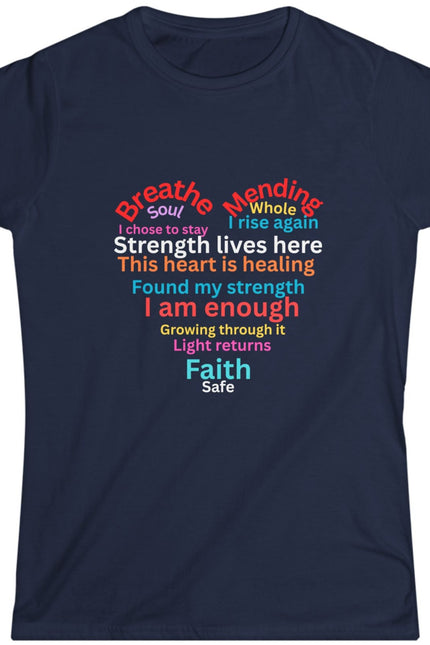 Navy blue t-shirt with colorful motivational suicide prevention text design shaped in a heart on a white background.