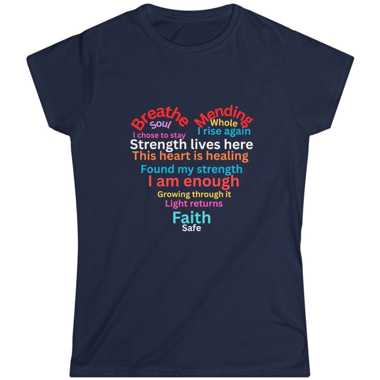 Navy blue t-shirt with colorful motivational suicide prevention text design shaped in a heart on a white background.