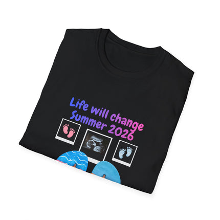 Folded navy blue t-shirt with baby-themed design and text on a white background