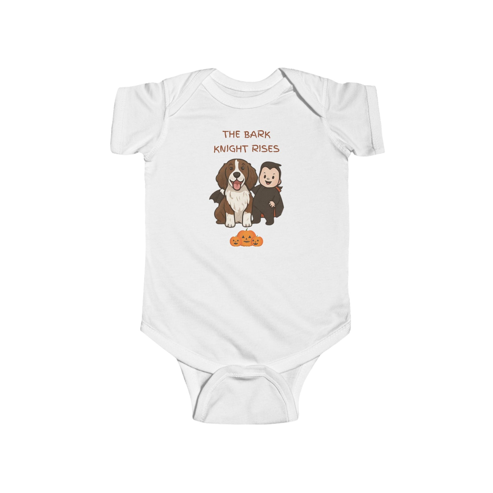 White baby onesie with cartoon dogs and text on a white background