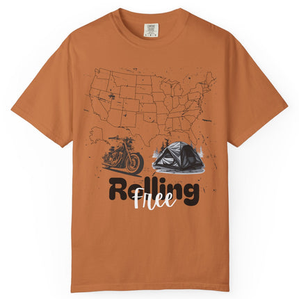 Yam t-shirt with motorcycle graphic and 'Rolling Free' text on a white background
