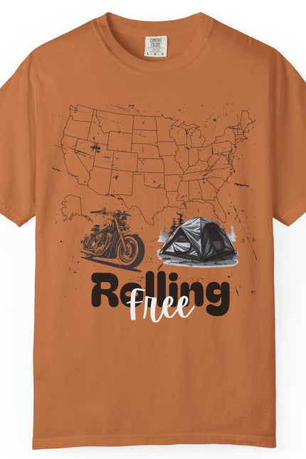 Yam t-shirt with motorcycle graphic and 'Rolling Free' text on a white background