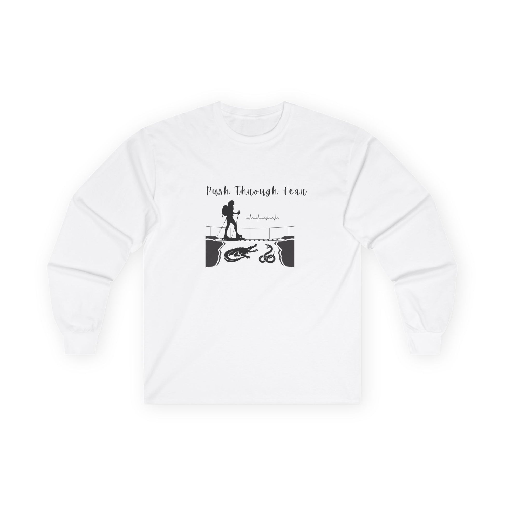 White long sleeved tee with black graphic showing hiker going over bridge with alligator and snake. Text states "Push through Fear."