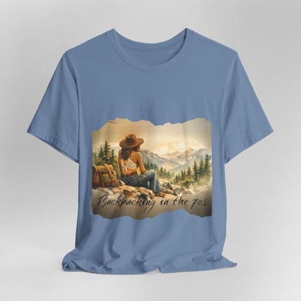 Slow, Free Peace Sign Tee 1970s Female Backpacker Retro Travel Unisex T-Shirt