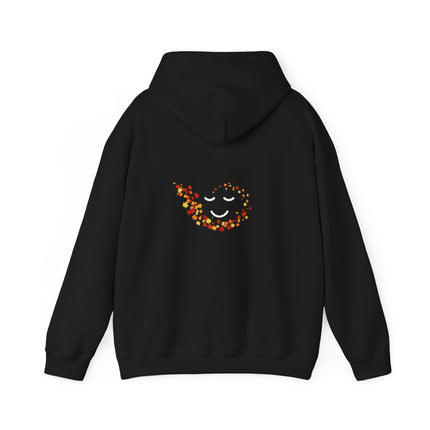 Back of Black hoodie with a colorful smiley face design on the back against a white background