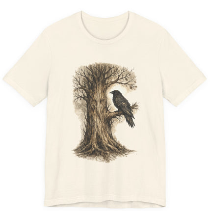 Beige t-shirt with a tree and bird design on a white background