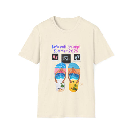 Beige t-shirt with flip-flop design and text 'Life will change Summer 2026' on a white background