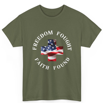 Green t-shirt with American flag and text design on a white background