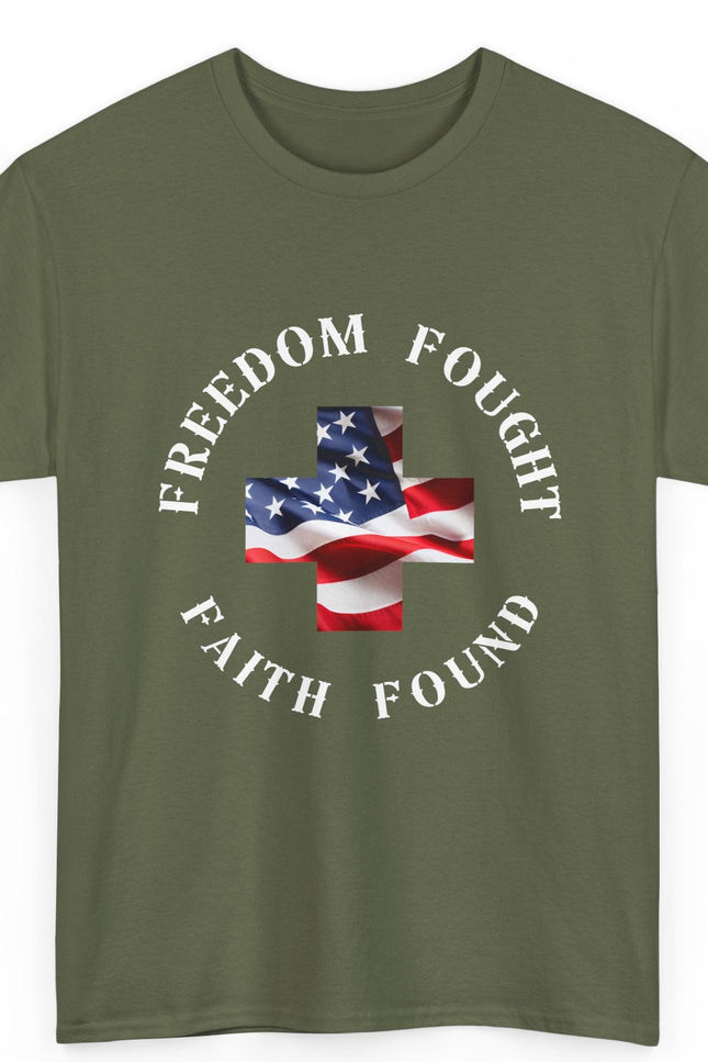 Green t-shirt with American flag and text design on a white background