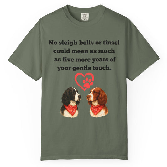 Green t-shirt with two dogs, a heart, and text on a white background