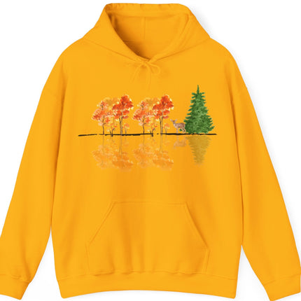Yellow-gold  hoodie with a nature-themed design on a white background. Reflective trees and fawn on front.