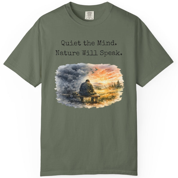 Green t-shirt with veteran, nature-themed design and text on a white background