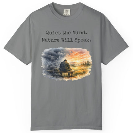 Gray t-shirt with a veteran, nature-themed graphic and text on a white background