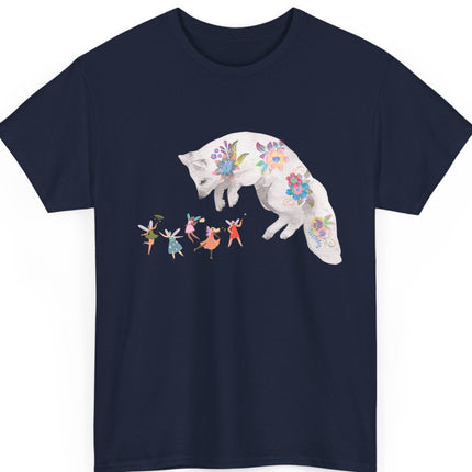 Navy blue t-shirt with a white fox and fairy design on a white background